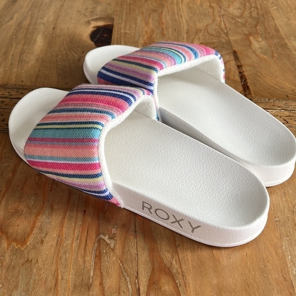 ROXY Women’s Slippy Terry Slides Sandals white multi rainbow cloth upper 8 - Picture 4 of 10